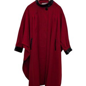 Vintage Dani Colby 80% Wool Blend Cape Coat With Black Genuine Red Leather Trim